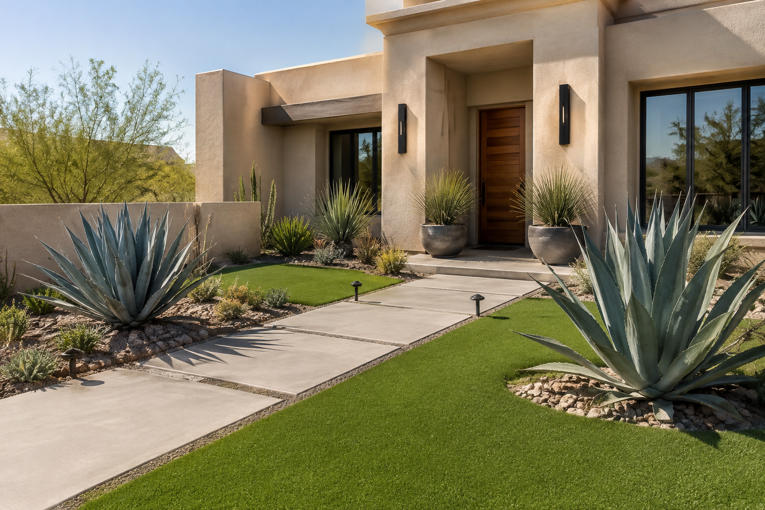 Imagen ilustrativa de un jardín frontal con pasto sintético, agaves y un camino de concreto