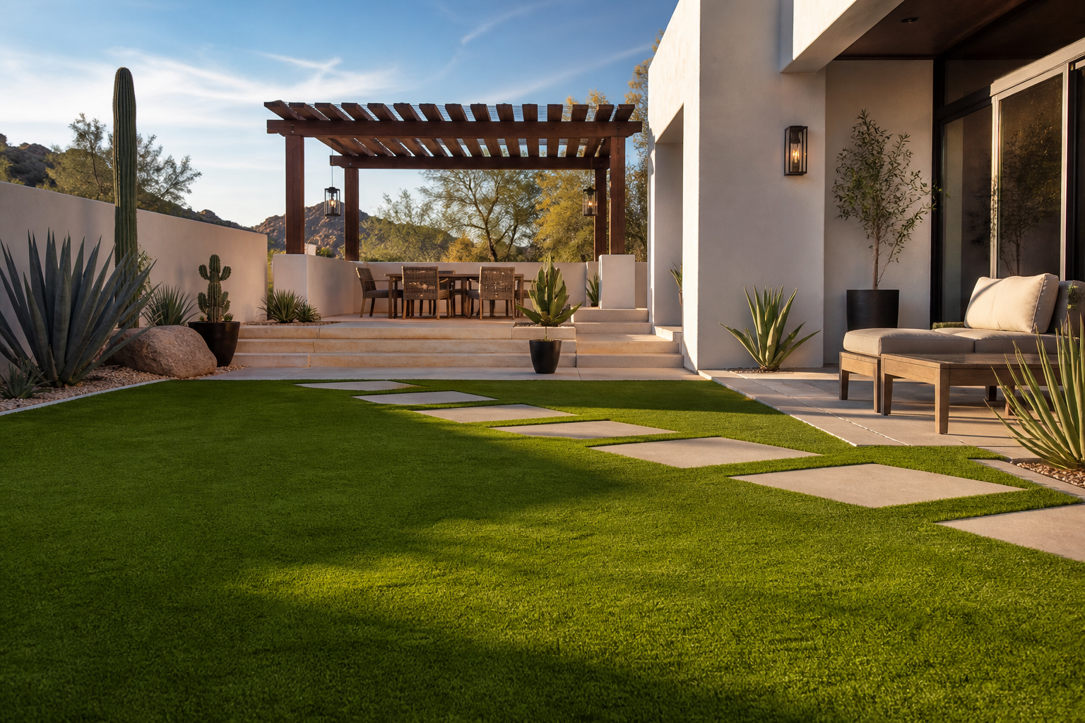 Imagen ilustrativa de un patio con pasto sintético, pérgola y plantas del desierto